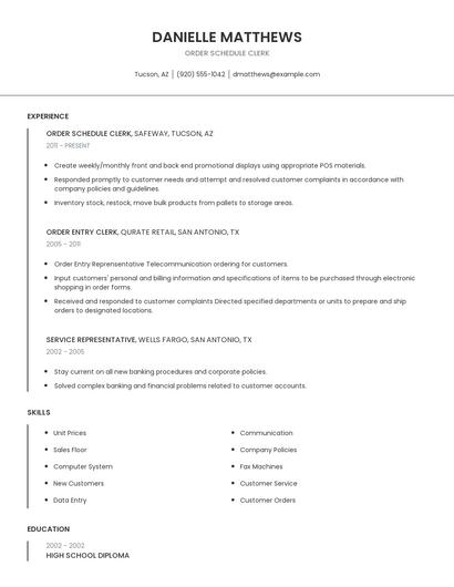 Order Schedule Clerk Resume