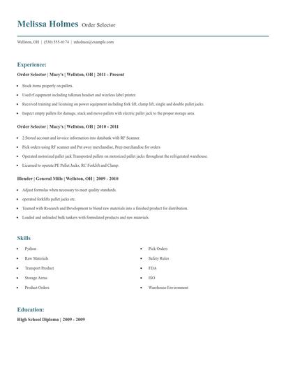 Order Selector Resume