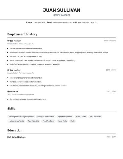 Order Worker Resume
