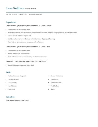 Order Worker Resume