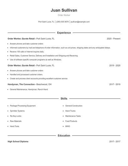 Order Worker Resume