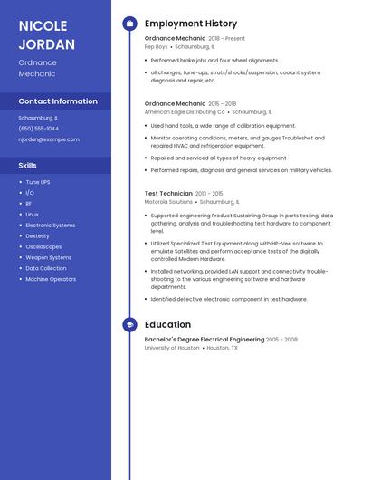 Ordnance Mechanic Resume