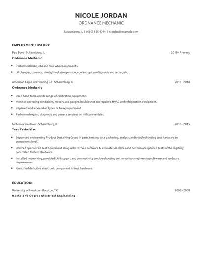 Ordnance Mechanic Resume