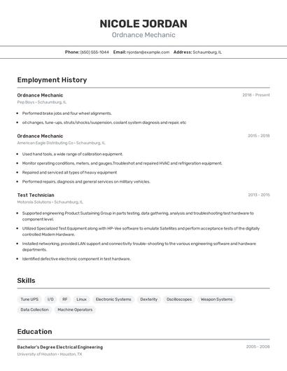 Ordnance Mechanic Resume