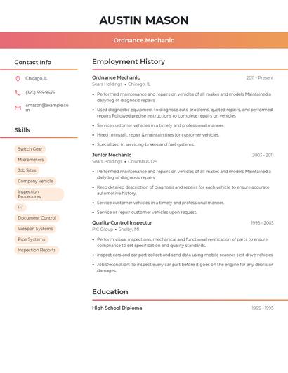 Ordnance Mechanic Resume
