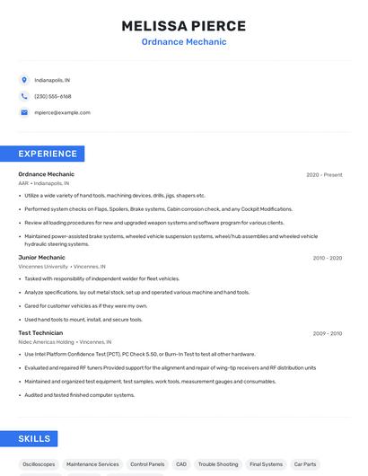 Ordnance Mechanic Resume
