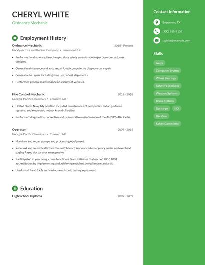 Ordnance Mechanic Resume