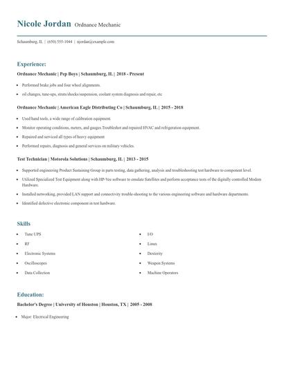 Ordnance Mechanic Resume