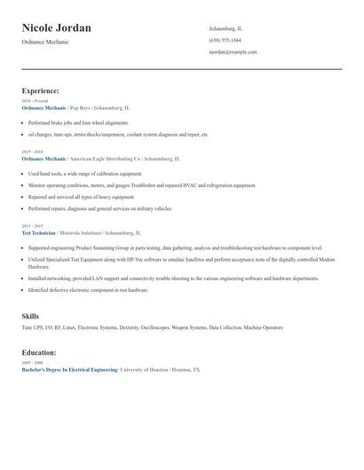 Ordnance Mechanic Resume