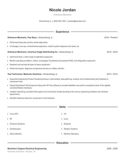 Ordnance Mechanic Resume