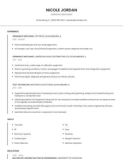 Ordnance Mechanic Resume