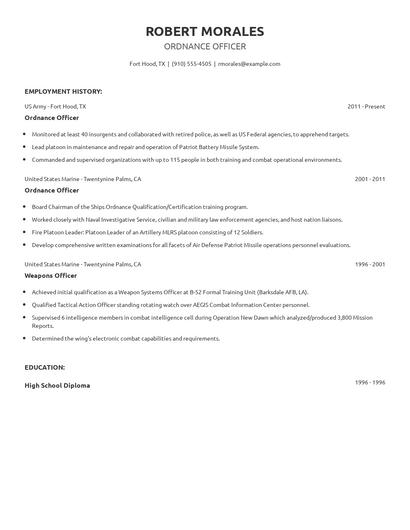 Ordnance Officer Resume