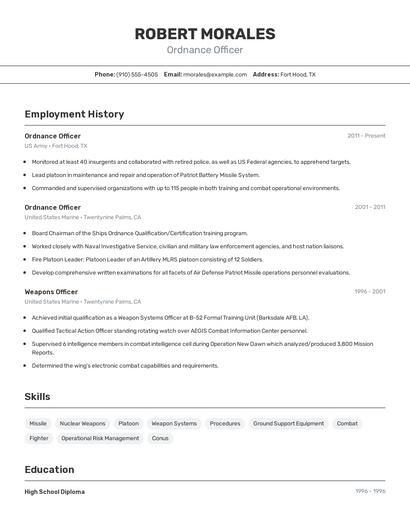 Ordnance Officer Resume
