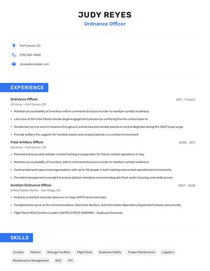 Ordnance Officer Resume