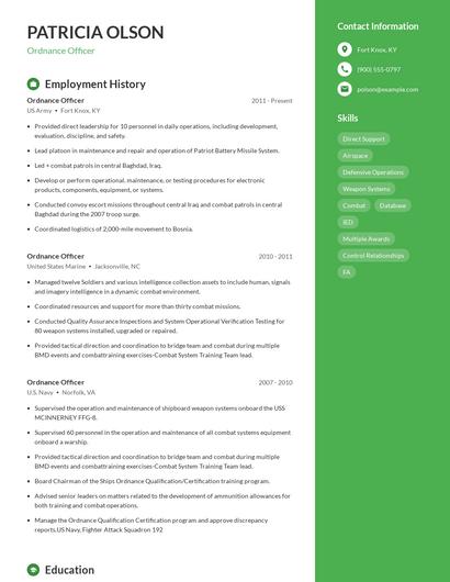 Ordnance Officer Resume