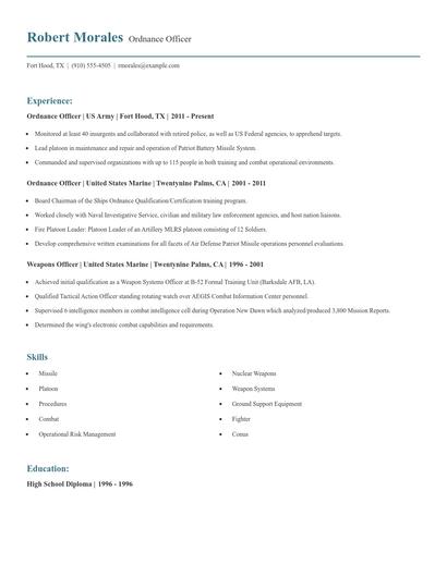 Ordnance Officer Resume