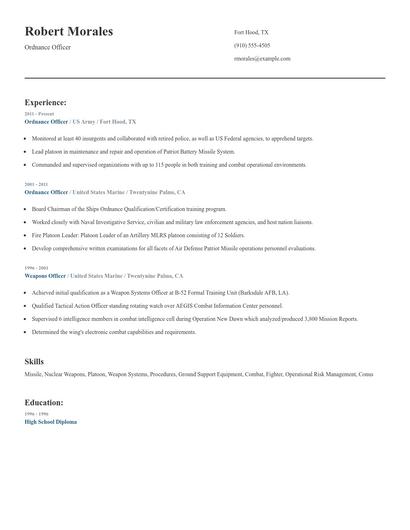 Ordnance Officer Resume