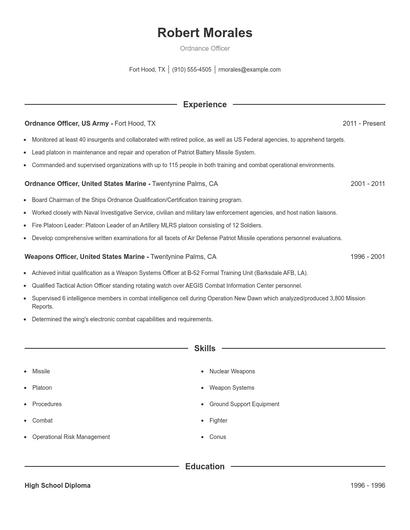 Ordnance Officer Resume