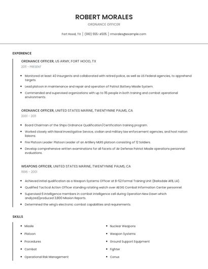 Ordnance Officer Resume