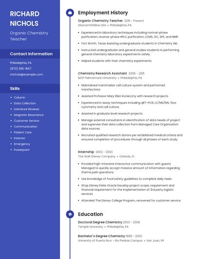 Organic Chemistry Teacher Resume