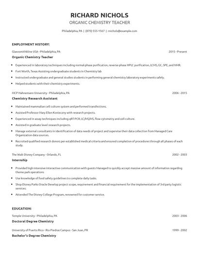 Organic Chemistry Teacher Resume