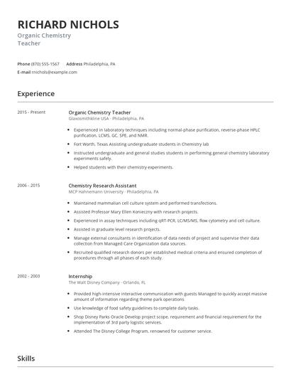 Organic Chemistry Teacher Resume
