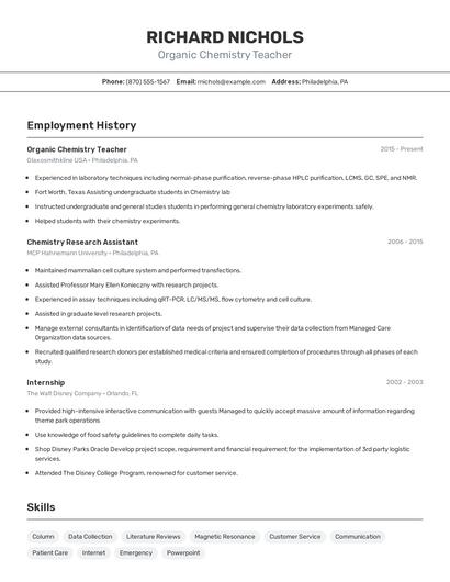 Organic Chemistry Teacher Resume