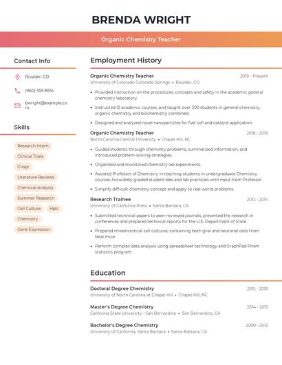 Organic Chemistry Teacher Resume