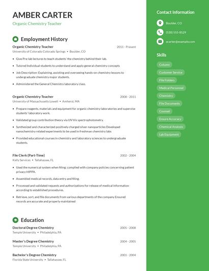 Organic Chemistry Teacher Resume