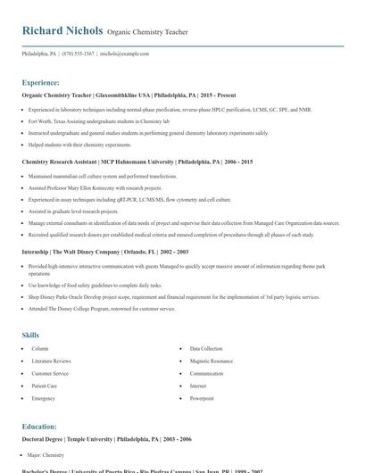 Organic Chemistry Teacher Resume