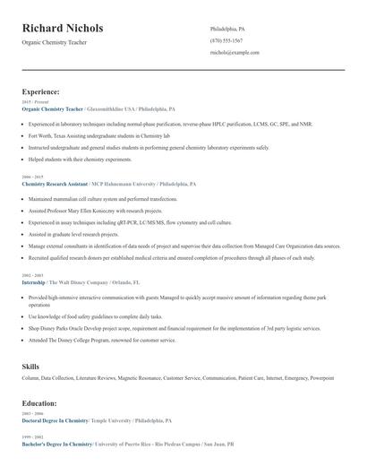 Organic Chemistry Teacher Resume