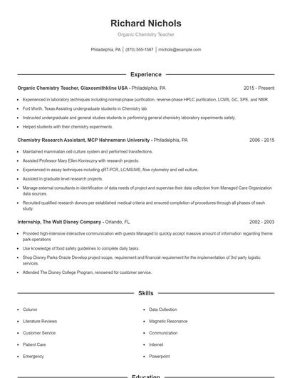 Organic Chemistry Teacher Resume