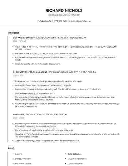 Organic Chemistry Teacher Resume