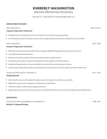 Organic Preparation Technician Resume