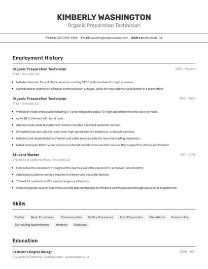 Organic Preparation Technician Resume