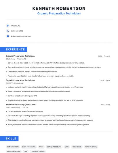 Organic Preparation Technician Resume