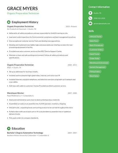Organic Preparation Technician Resume
