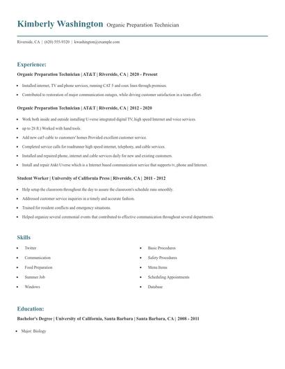 Organic Preparation Technician Resume