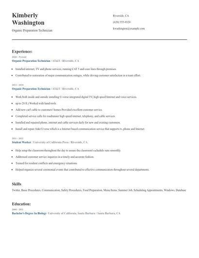 Organic Preparation Technician Resume