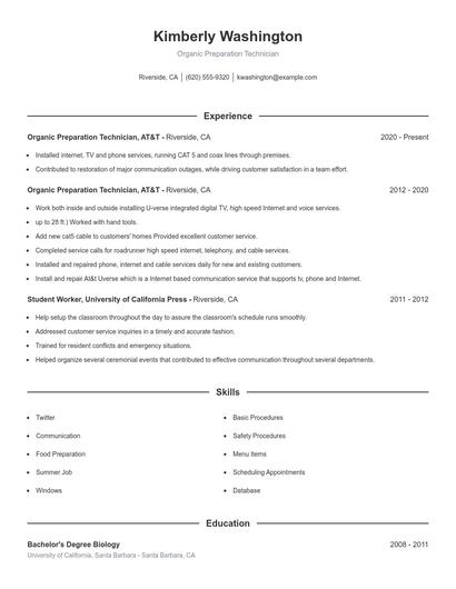 Organic Preparation Technician Resume