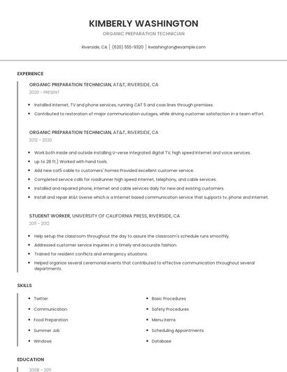 Organic Preparation Technician Resume