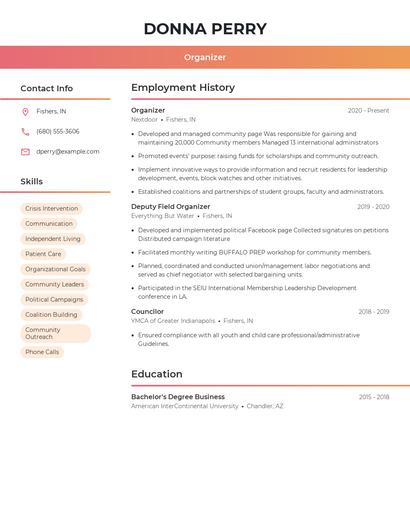 Organizer Resume