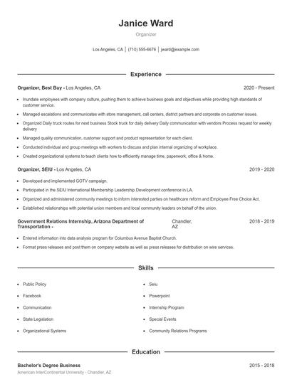 Organizer Resume