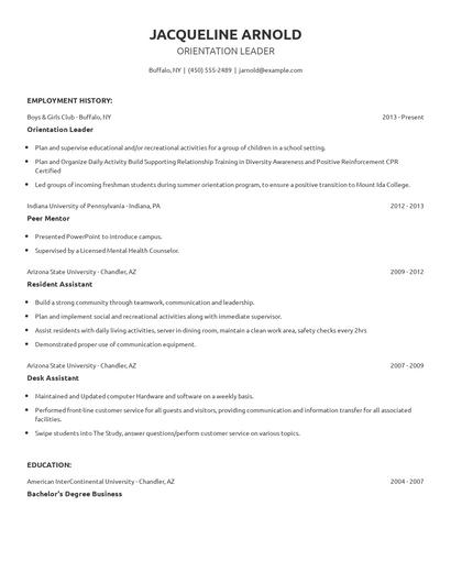 Orientation Leader Resume