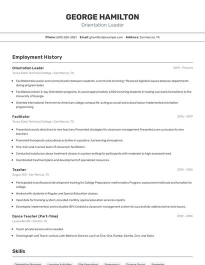 Orientation Leader Resume
