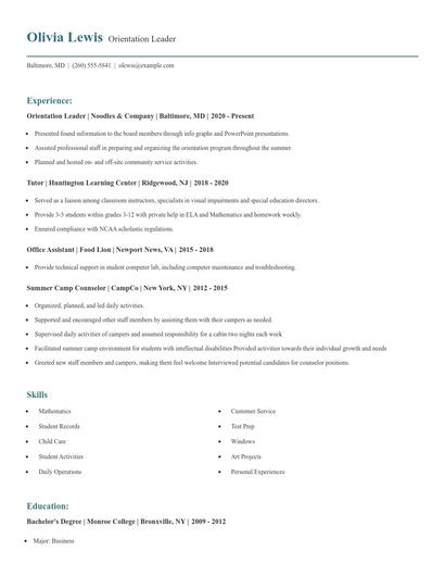 Orientation Leader Resume