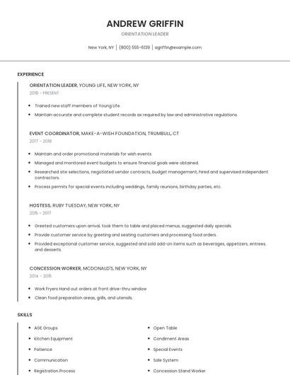 Orientation Leader Resume