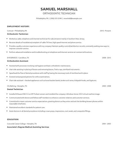 Orthodontic Technician Resume