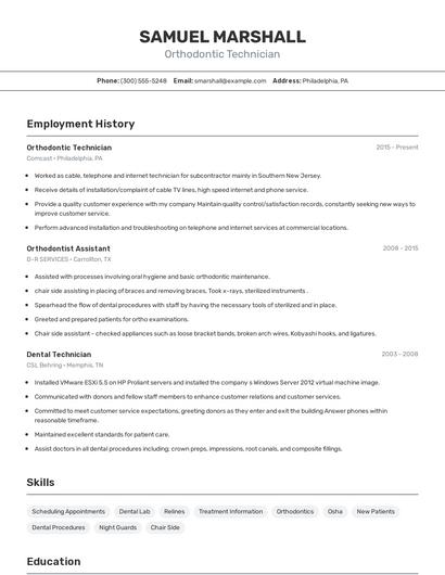Orthodontic Technician Resume