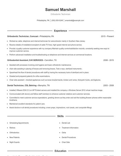 Orthodontic Technician Resume